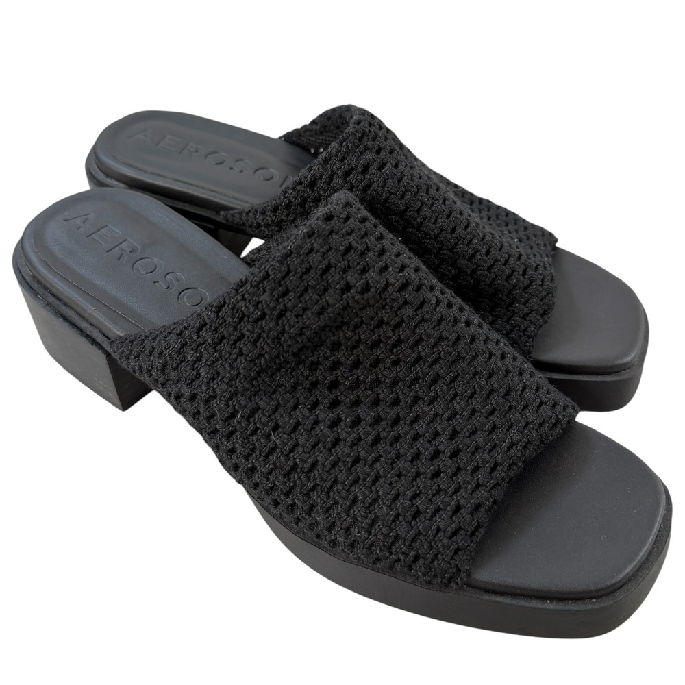 Aerosoles Denise Black Woven Platform Slide Sandals Square Toe Block Heel 8.5